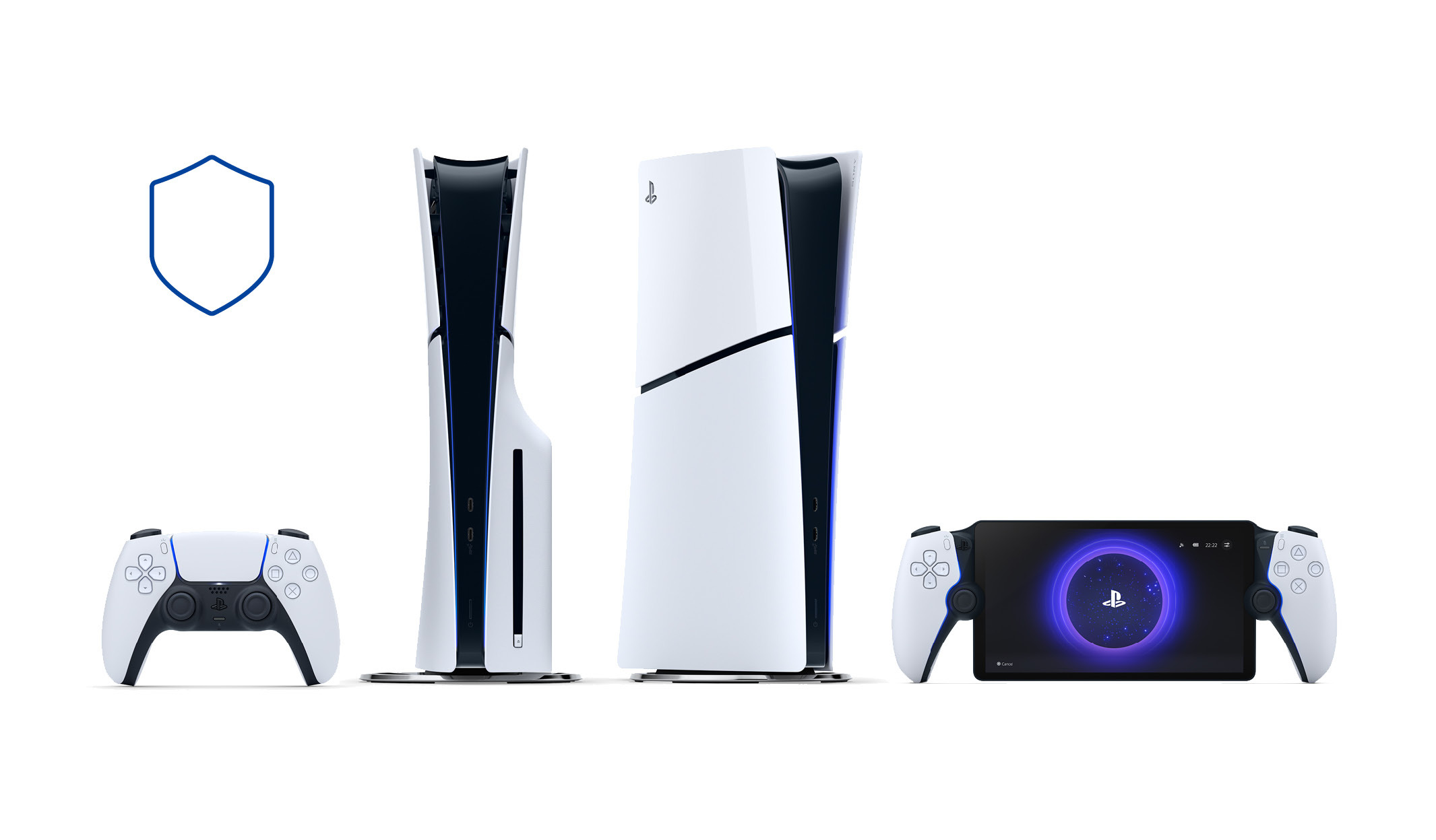 A lineup of PlayStation 5 products displayed on a white background. From left to right: a white DualSense wireless controller, a PlayStation 5 console with a disc drive, a PlayStation 5 Digital Edition console, and a PlayStation Portal handheld remote player showing the PlayStation logo on its screen. A minimal blue shield icon appears to the left of the devices.