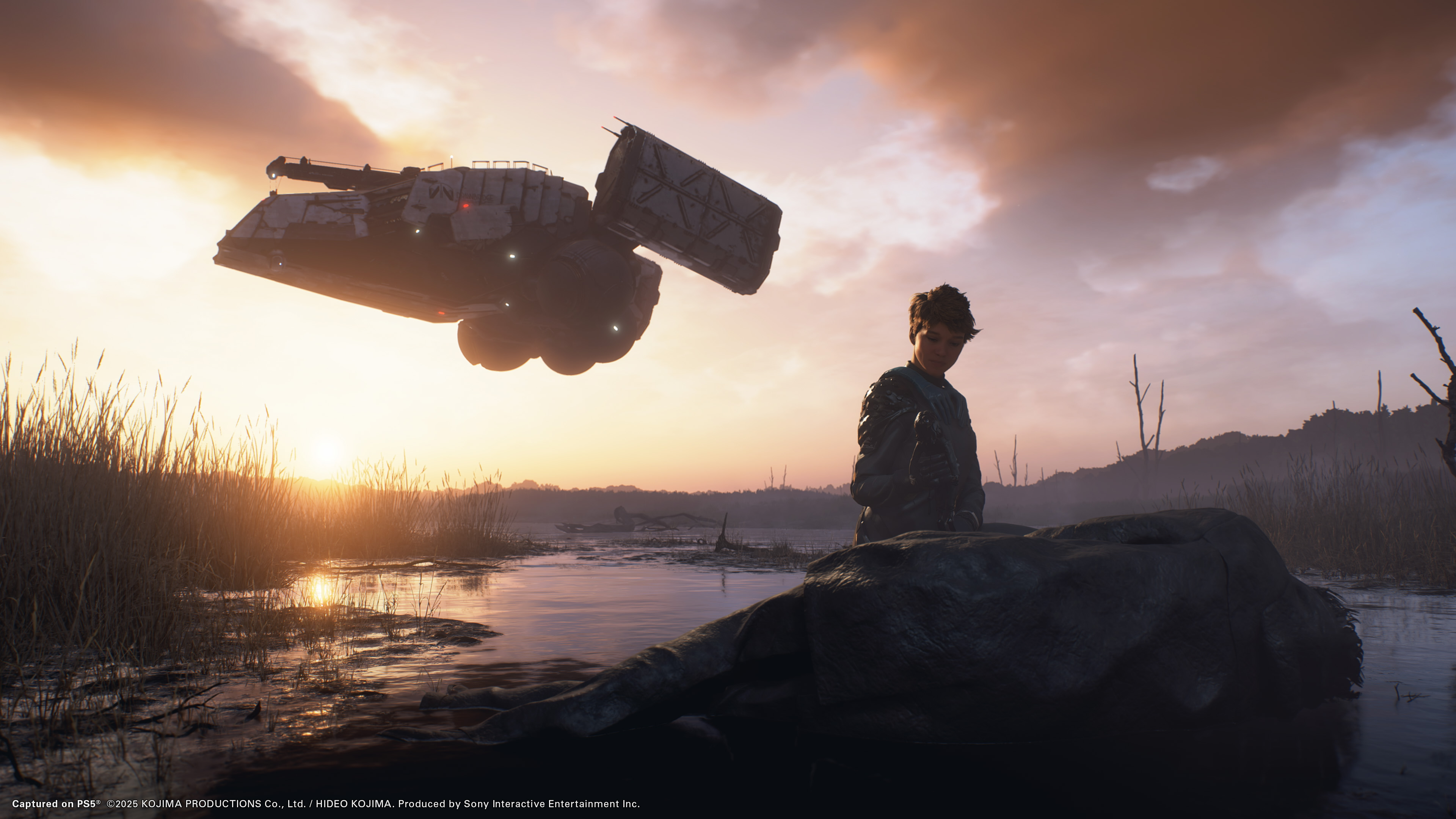 Death Stranding 2: On the Beach screenshot showing Fragile with a ship hovering behind her